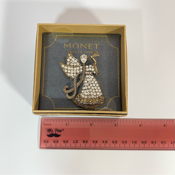 Monet Angel Brooch Pin with Rhinestones and Trumpet - Picture 4 of 5